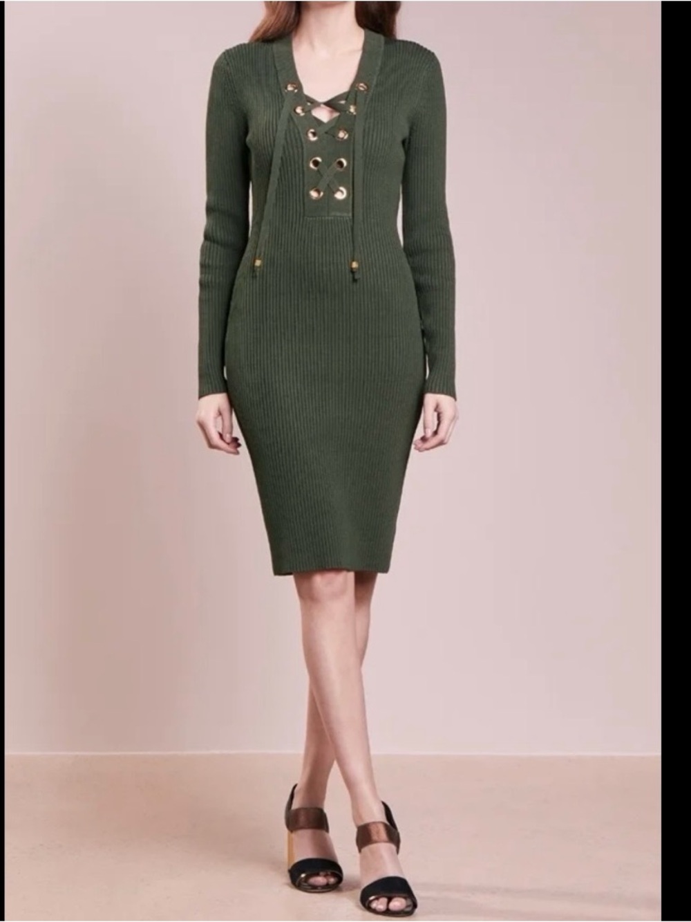 Michael Kors Green Lace-Up V-Neck Ribbed Knit Midi Sweater Bodycon Dress Sz- S